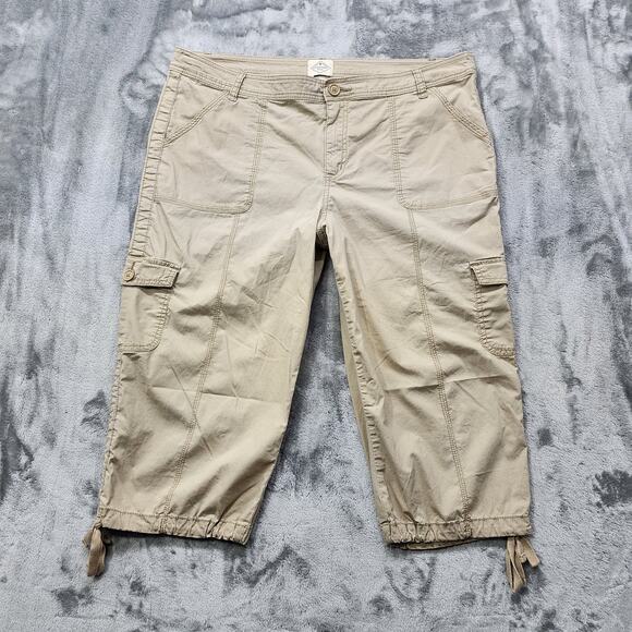 Vintage St Johns Bay Pants Women 16 Tan Khaki Cargo Capri Drawstring Hem Stretch - Picture 1 of 11